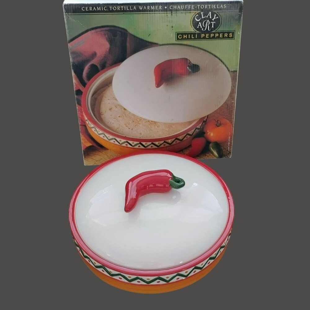 Vintage Clay Art Tortilla Warmer Ceramic Chili Pepper Fiesta Pottery Lidded Dish